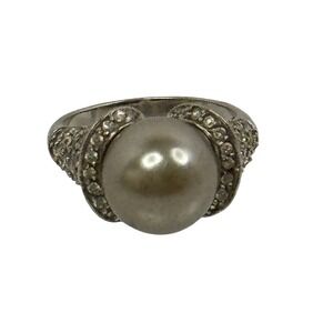 Vintage Style Silver Tone Faux Pearl Rhinestone Pavé Cocktail Ring Size 8